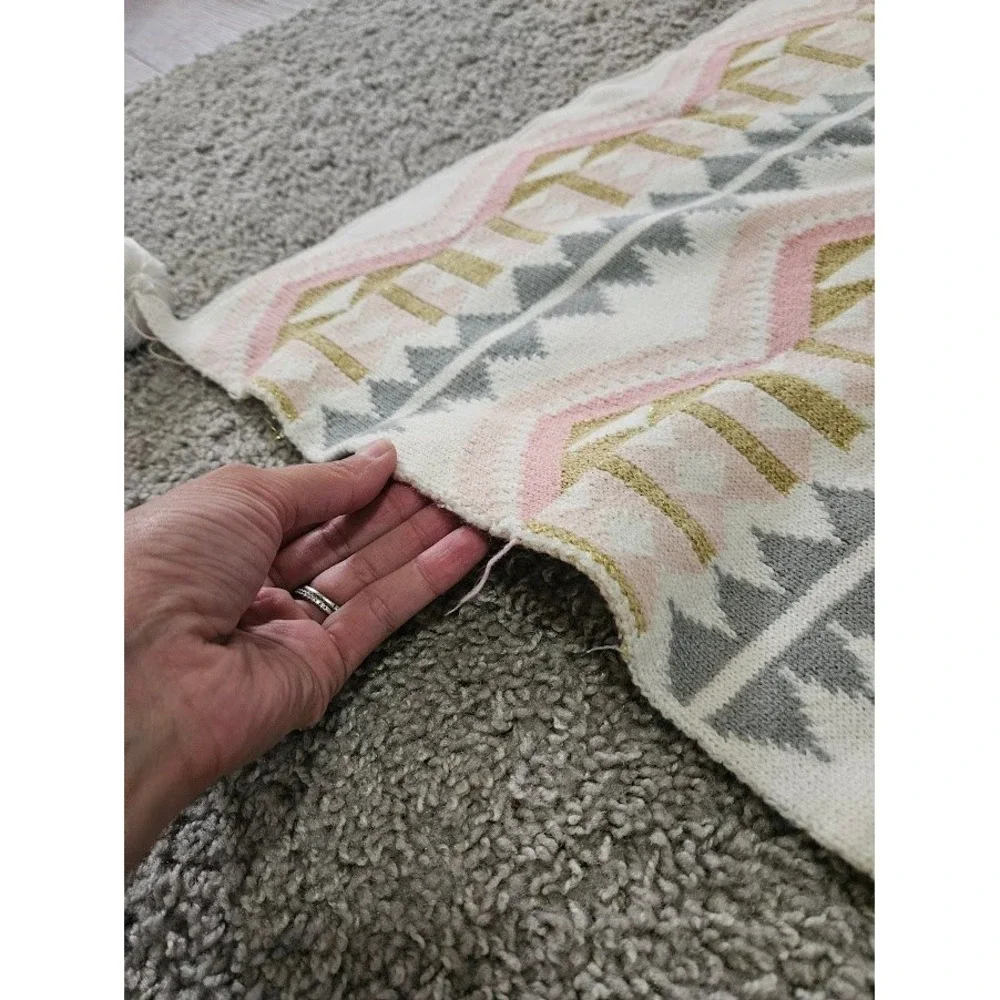 Emily & Meritt Pottery Barn Kids Pink Gold Metallic Geometric Pom Pom Blanket